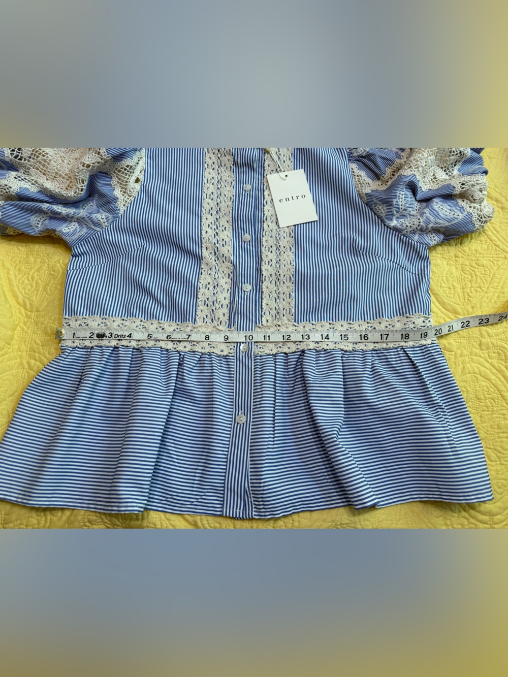H152 NWT Entro S pp18 L p21 Blue & Cream Lace Trim Striped Button-Up Top - Picture 14 of 16
